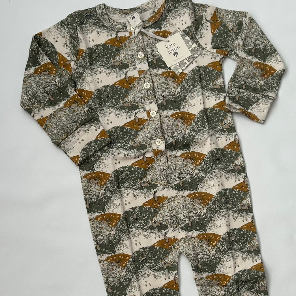 NWT Kate Quinn Bunny Romper 3T Organic Cotton Henley Pajamas Green Gold